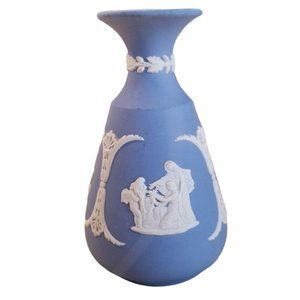 Wedgwood Jasperware Blue White Bud Vase 4 3/4" Neoclassical Scenes in Relief